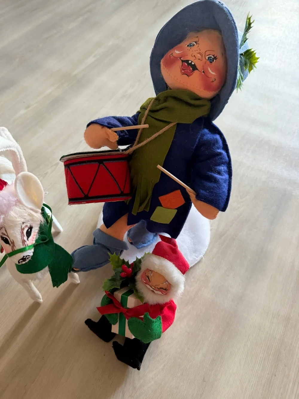 Lot of 3 Vintage Annalee Christmas Drummer Boy / Santa / Reindeer Dolls Felt USA